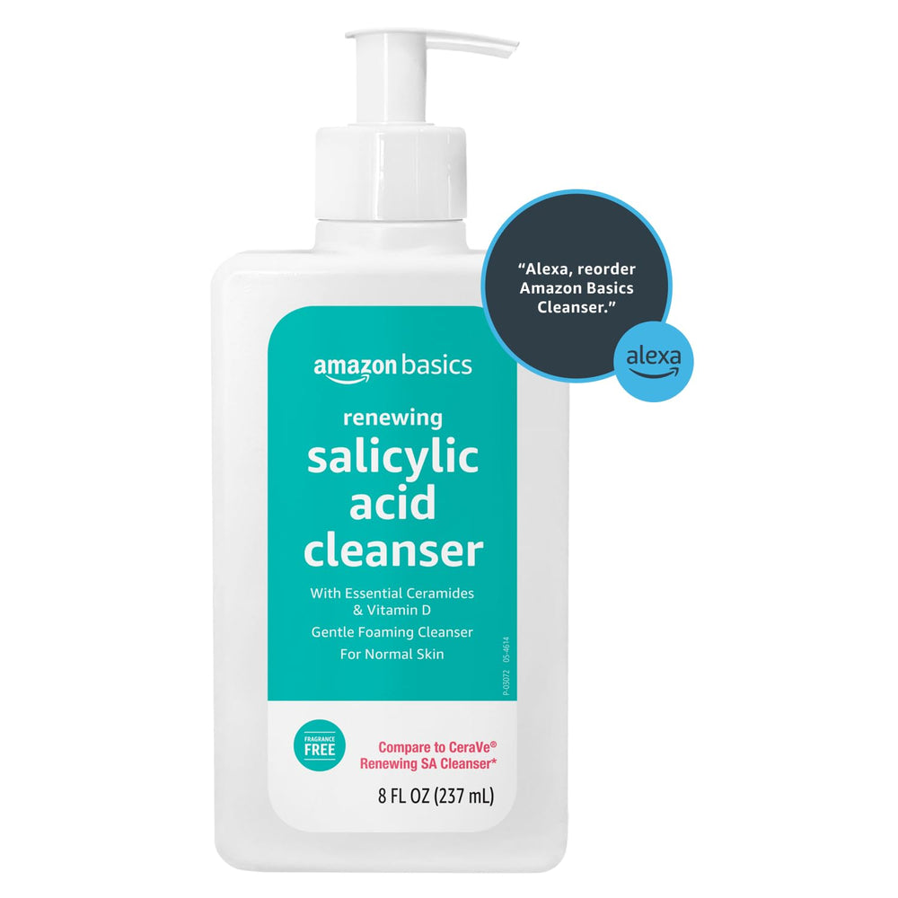 Amazon Basics Exfoliating Face Wash packaging displayed on a shelf in a store