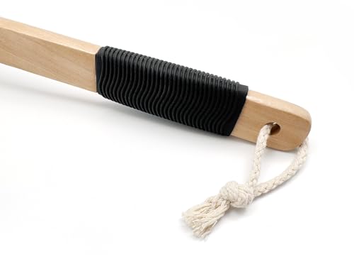 Amazon Basics bath sponge with natural wood rope for storage.