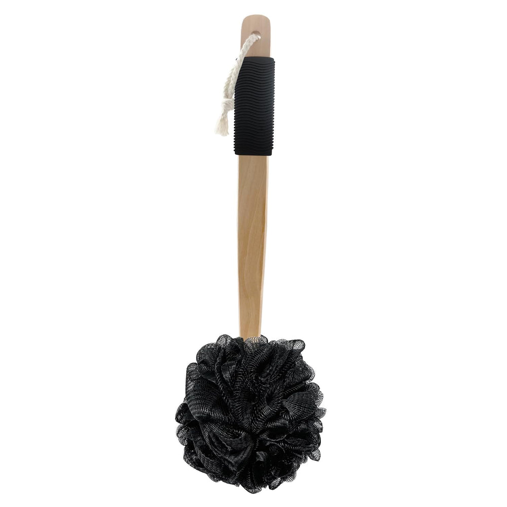 Amazon Basics exfoliating loofah brush with wood handle for deep cleansing.