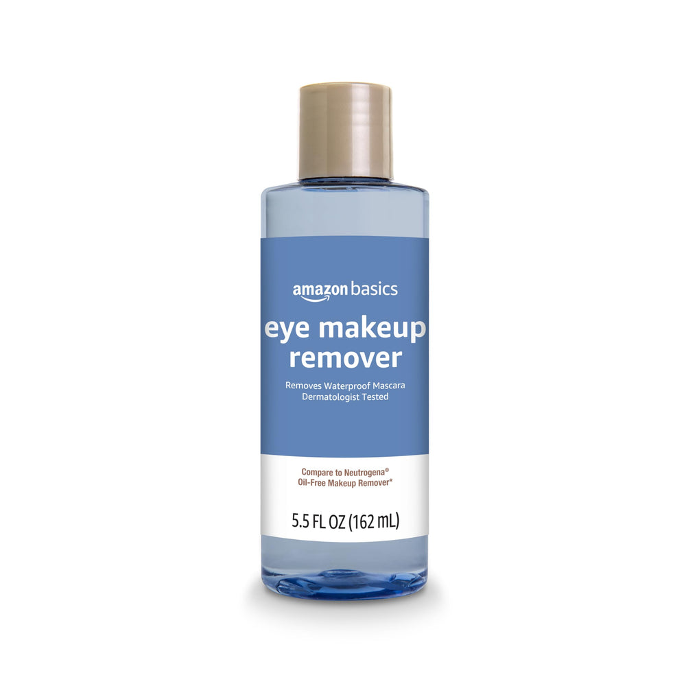 Amazon Basics eye makeup remover bottle with fragrance-free formula.