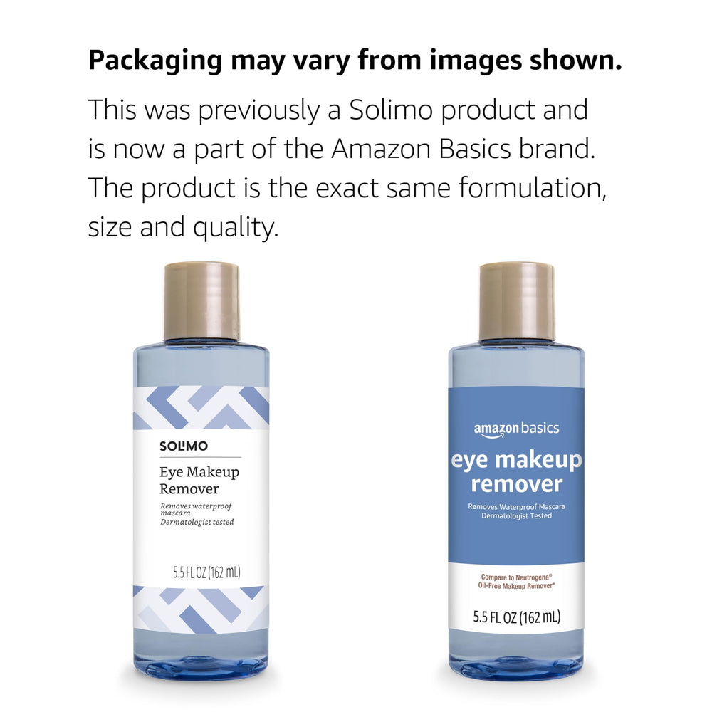 Amazon Basics eye makeup remover label close-up shows dermatologist-tested claim.
