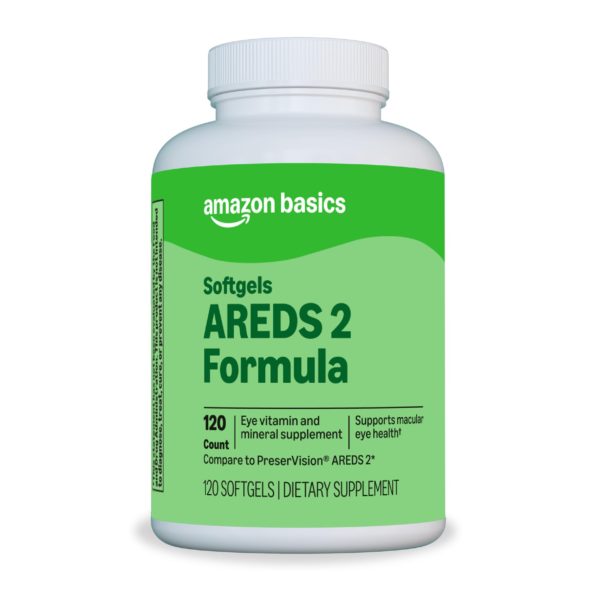 Amazon Basics eye vitamin bottle label featuring AREDS 2 formula for macular support