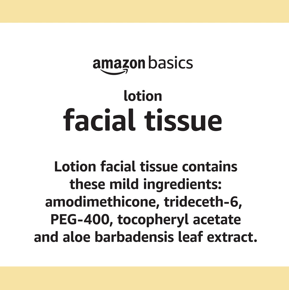 Amazon Basics facial tissue close-up highlights lotion and fluffy texture.