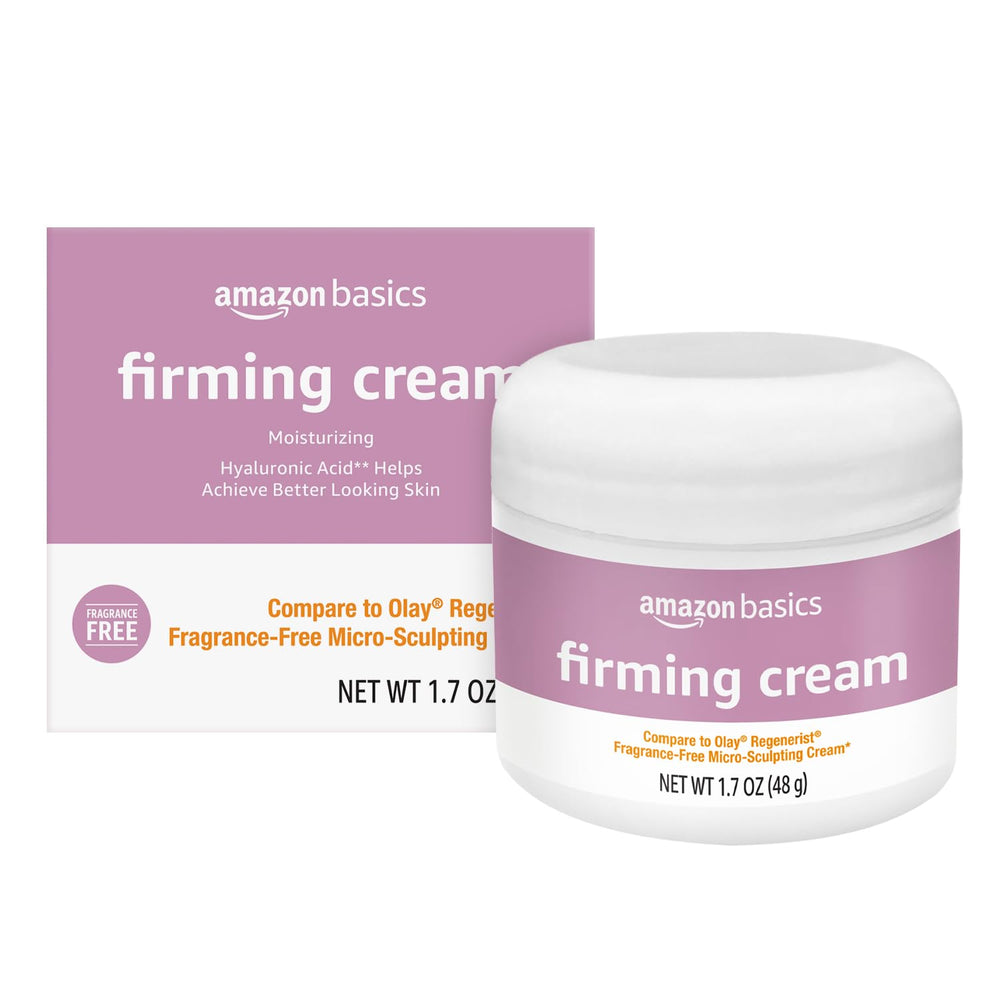 Amazon Basics firming cream jar closeup showing creamy texture for hydration.