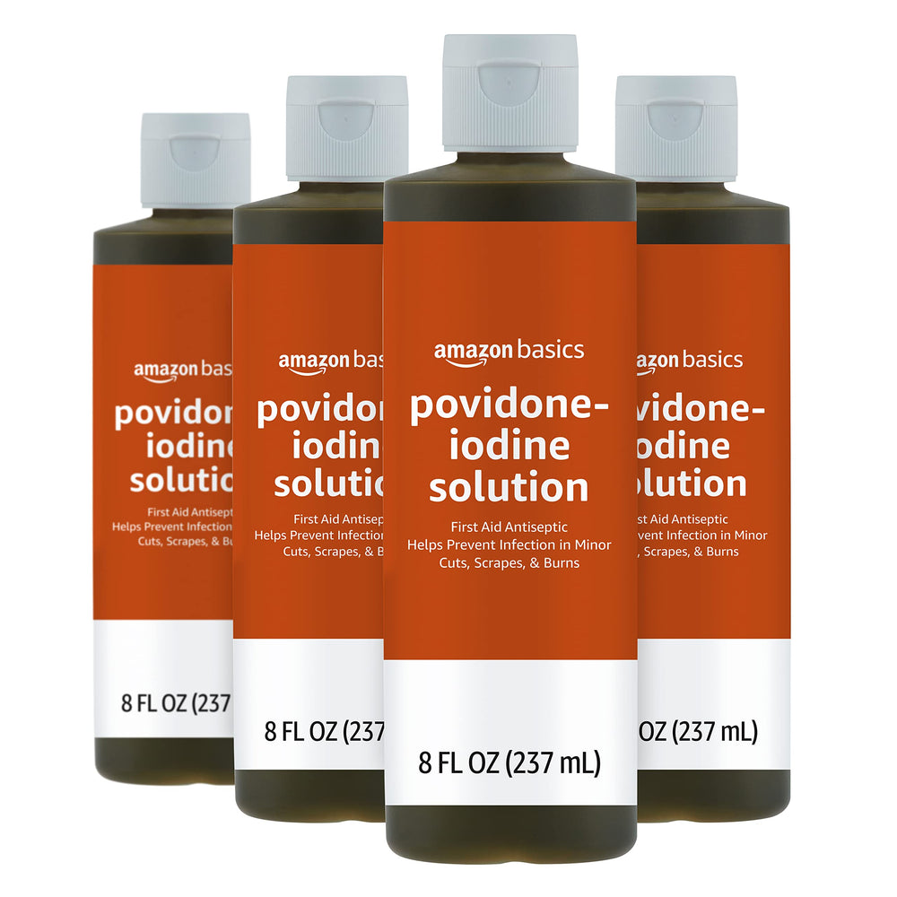 Amazon Basics first aid antiseptic 8oz bottle with povidone-iodine for quick cleanup.