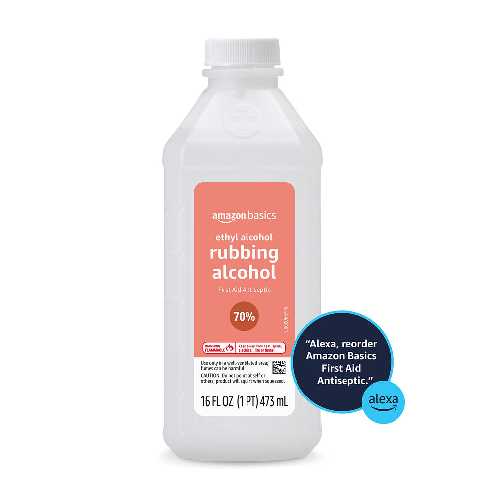 Amazon Basics first aid antiseptic bottle in a medicine cabinet