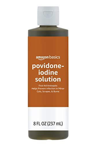 Close-up of Amazon Basics label showing 10% povidone-iodine.