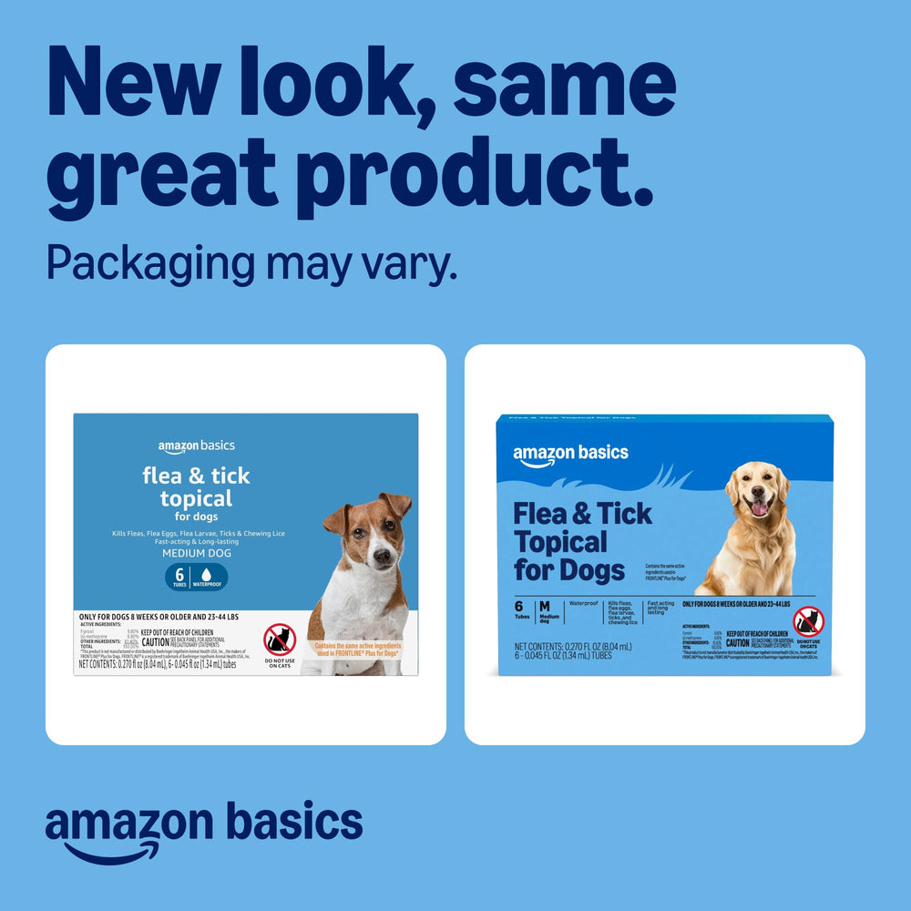 Amazon Basics topical treatment applied on a dog's back for fast-acting protection.