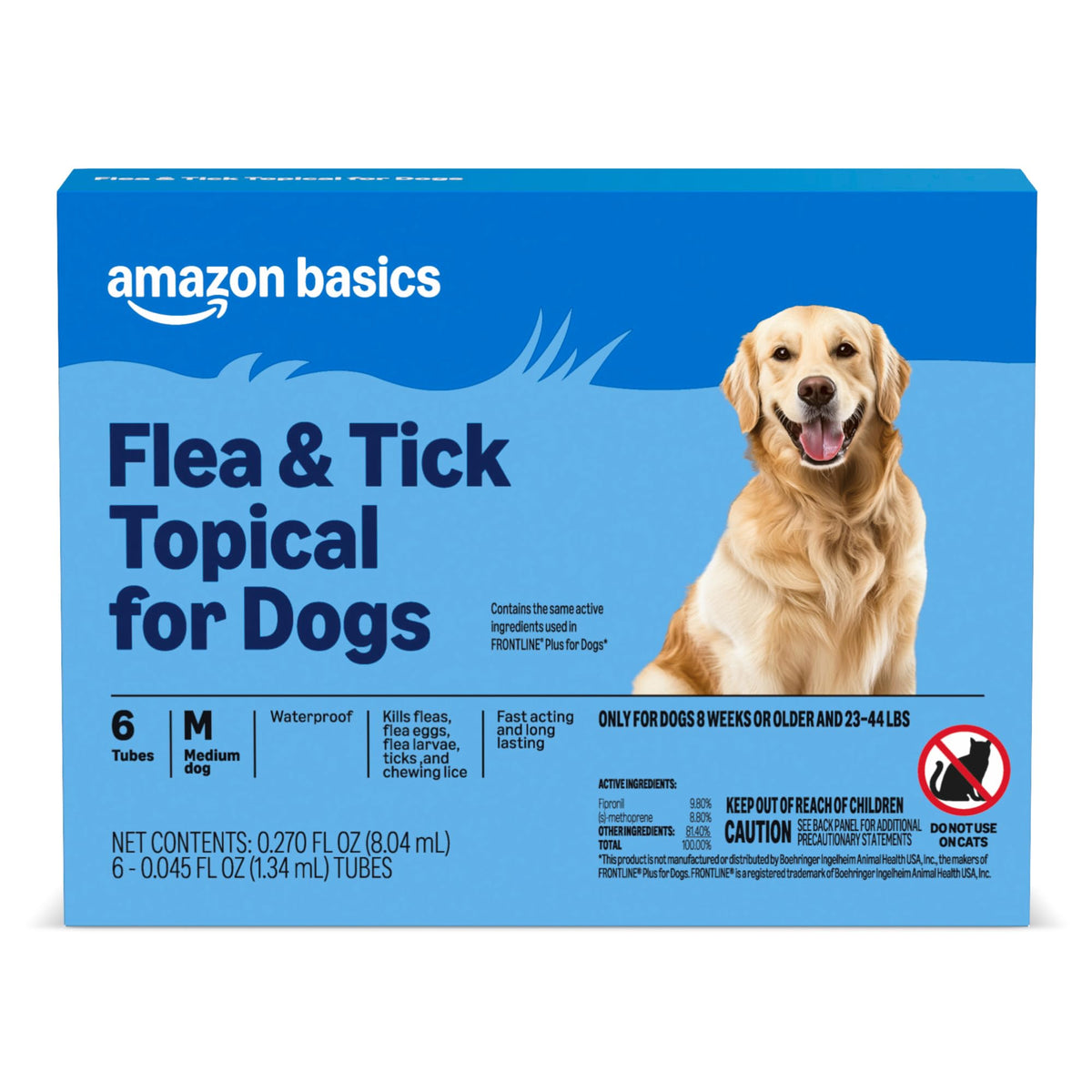 Amazon Basics flea-tick packaging for medium dogs, six-dose supply for monthly protection.