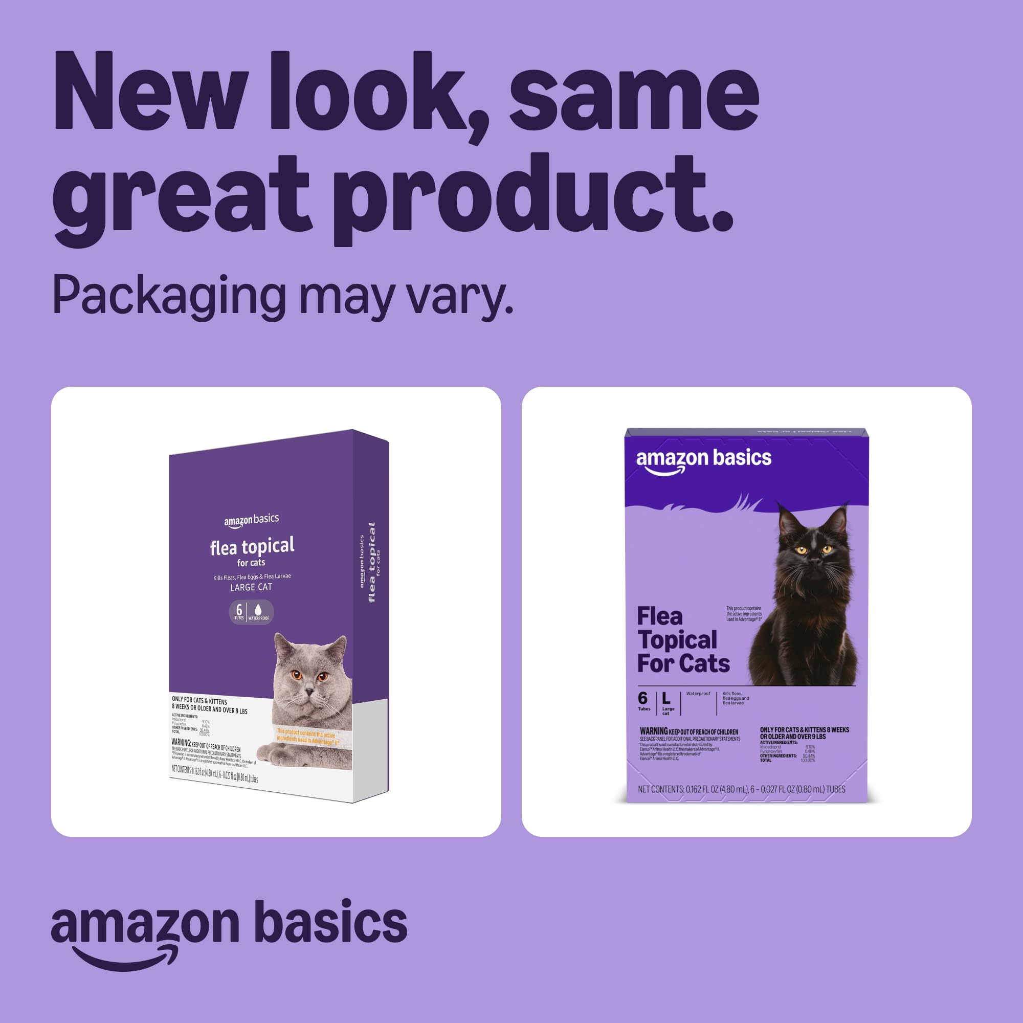 Amazon Basics flea topical bottle back label with dosage and ingredients.