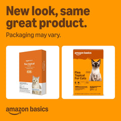 Six-dose Amazon Basics flea treatment packaging displayed for medium cats