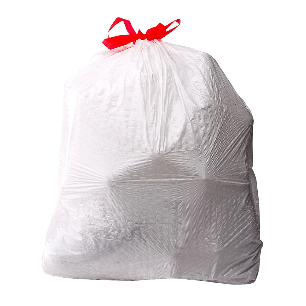 Amazon Basics flextra-strength embossed bags shown, designed to resist tears.