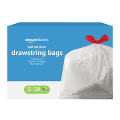 Amazon Basics flextra-strength tall kitchen bags with tear resistance for heavy loads.