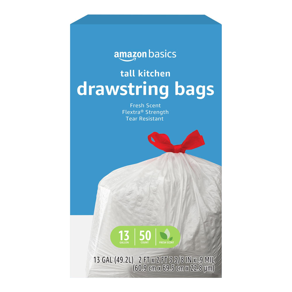 Amazon Basics Flextra Strength tall 13-gallon trash bags showing tear resistance for heavy waste