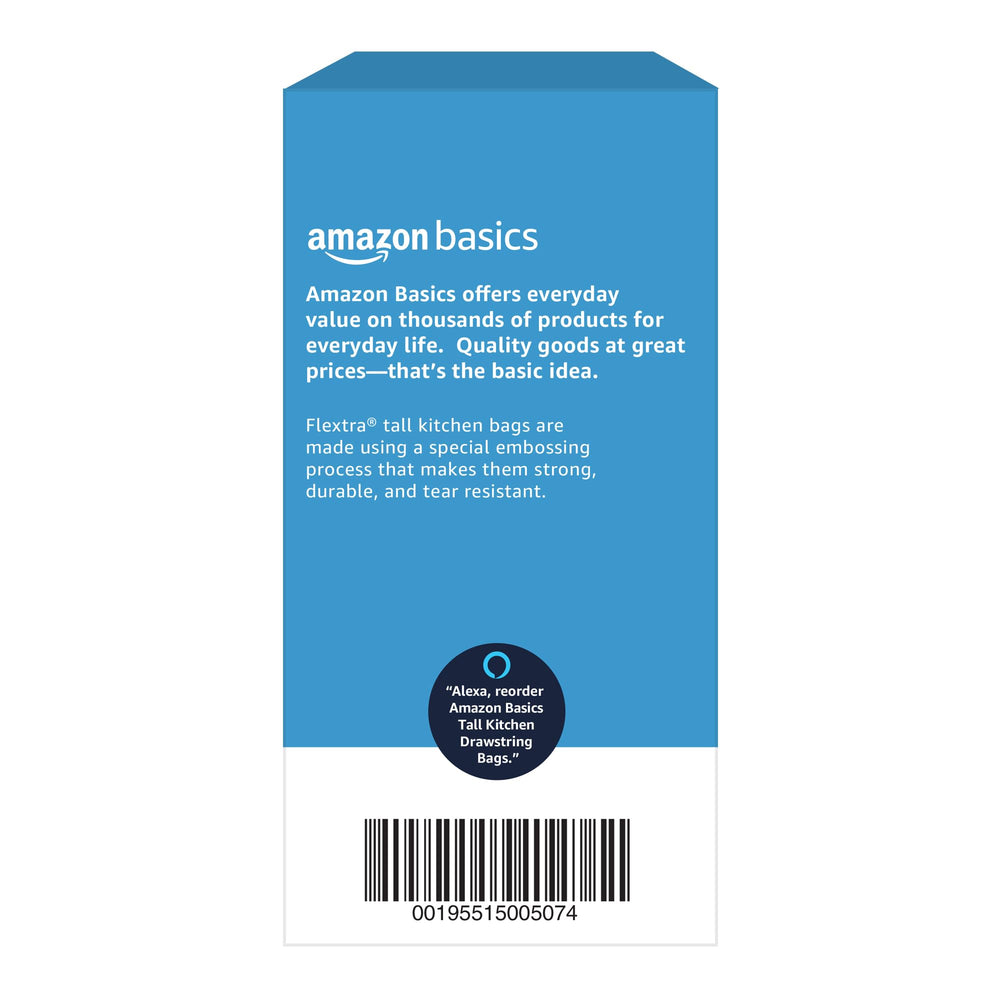 Amazon Basics Flextra tall kitchen bags, 120-count supply for busy households.