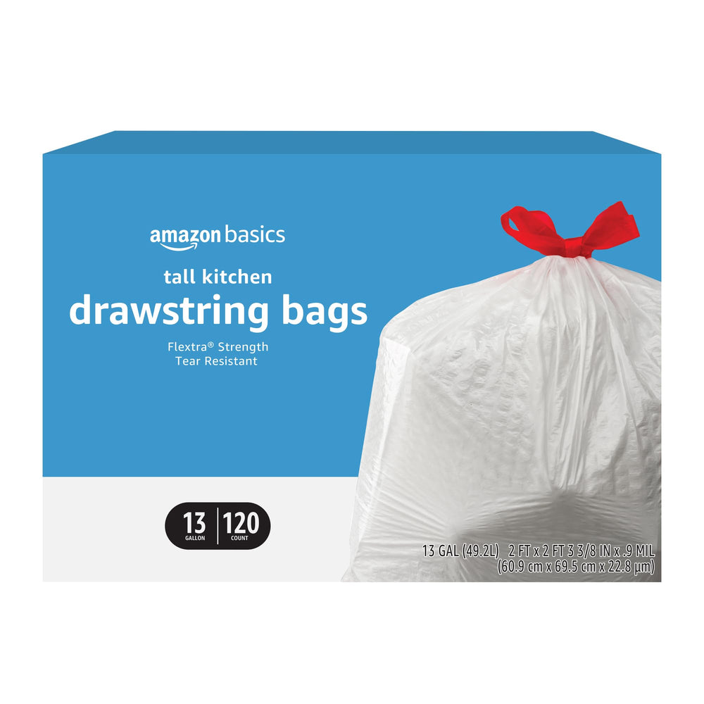Amazon Basics Flextra tall kitchen bags in packaging view, convenient for quick selection.