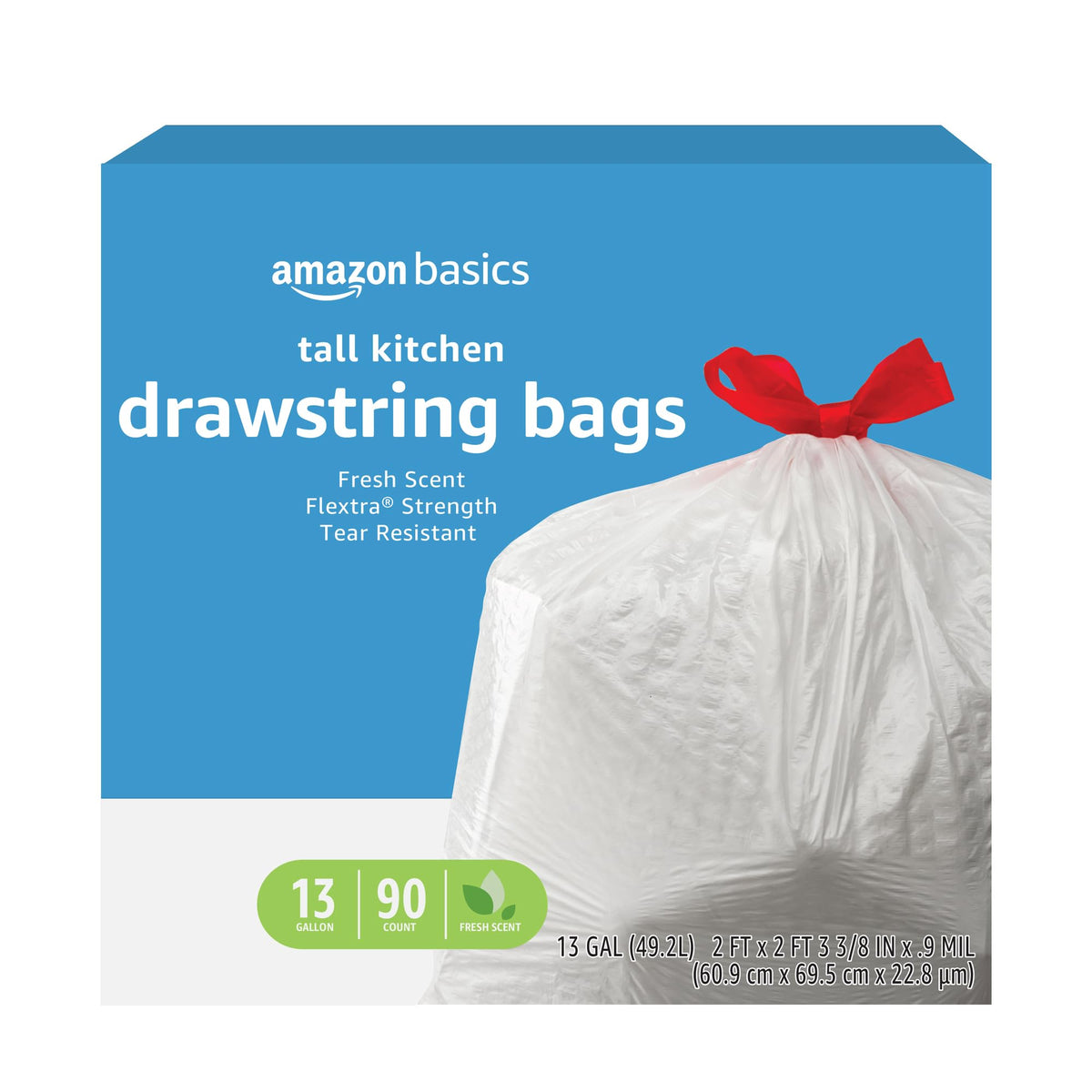 Amazon Basics Flextra tear-resistant 13-gallon bag for daily kitchen use.