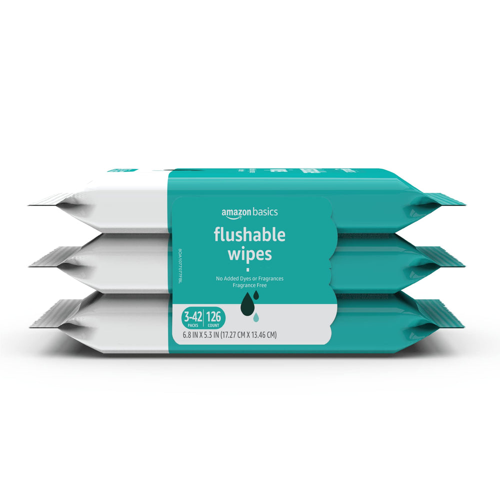 Amazon Basics fragrance-free flushable wipes pack overview showing 3-pack presentation.