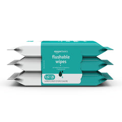 Amazon Basics fragrance-free flushable wipes pack overview showing 3-pack presentation.
