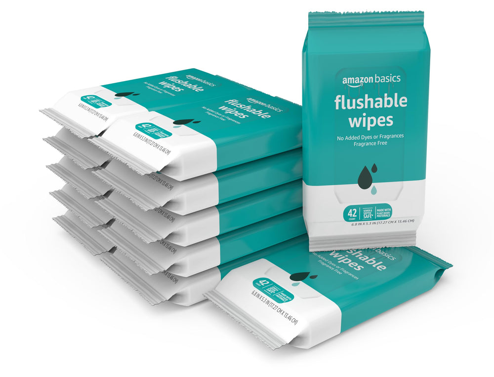 Amazon Basics fragrance-free flushable wipes packaging showcases sensitive-skin friendly design