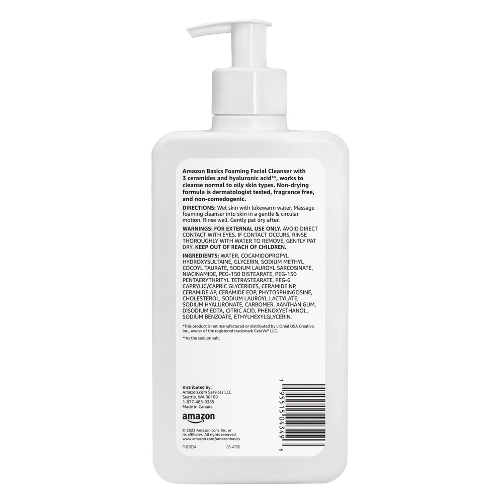 Amazon Basics Foaming Cleanser foam closeup shows airy lather and non-irritating formula.