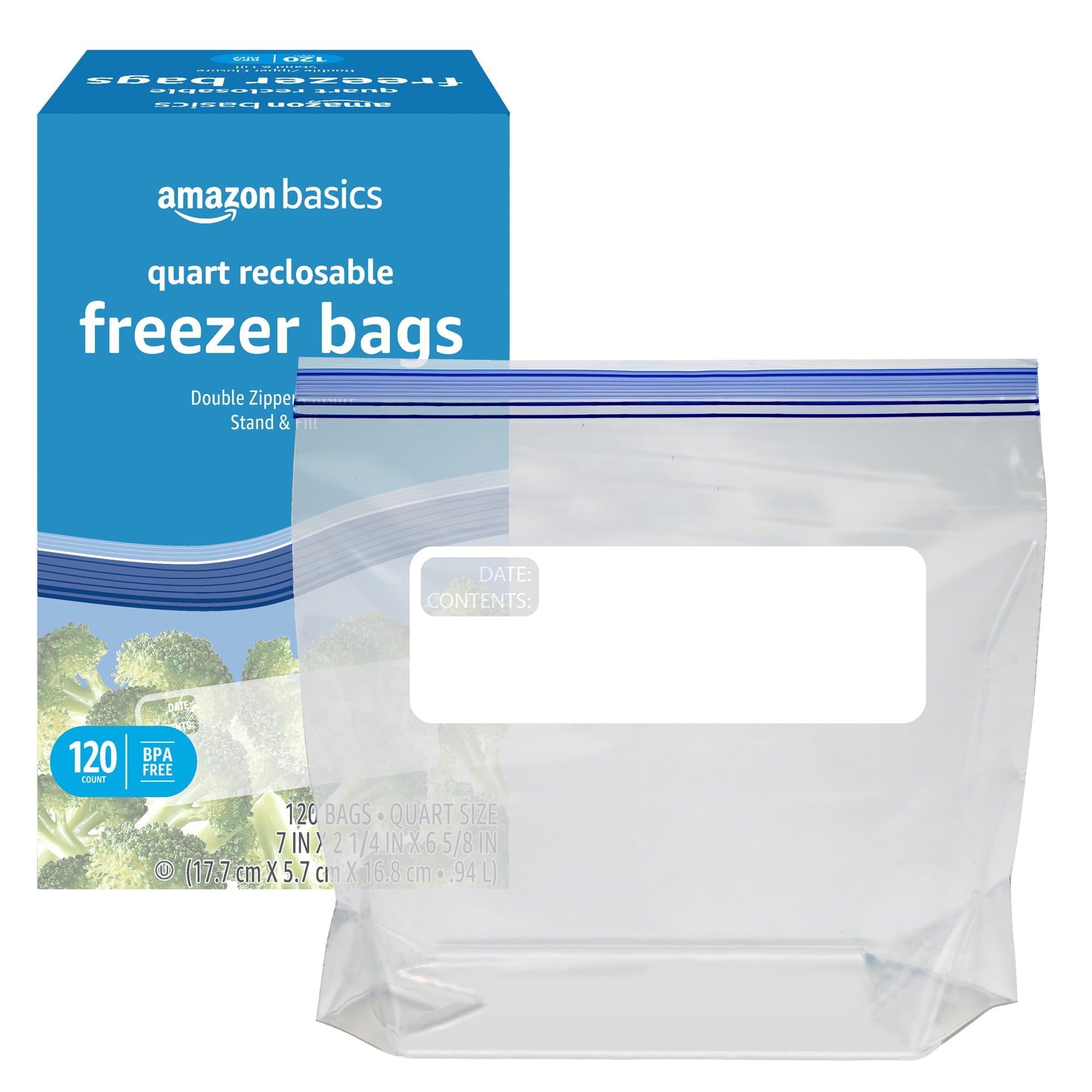 One-quart Amazon Basics bag with dimensions for portioned storage