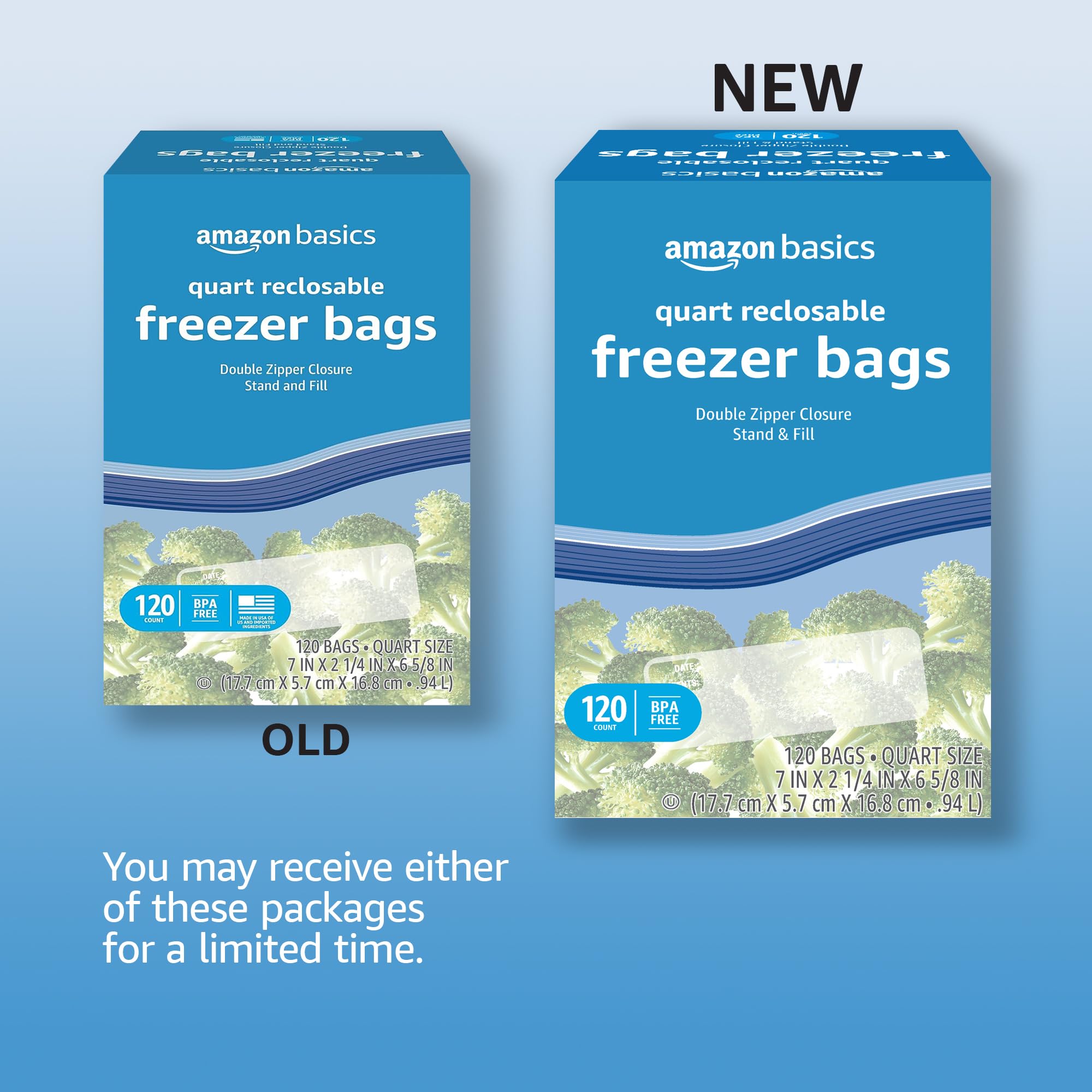 Amazon Basics freezer bags with double zipper closure for secure sealing