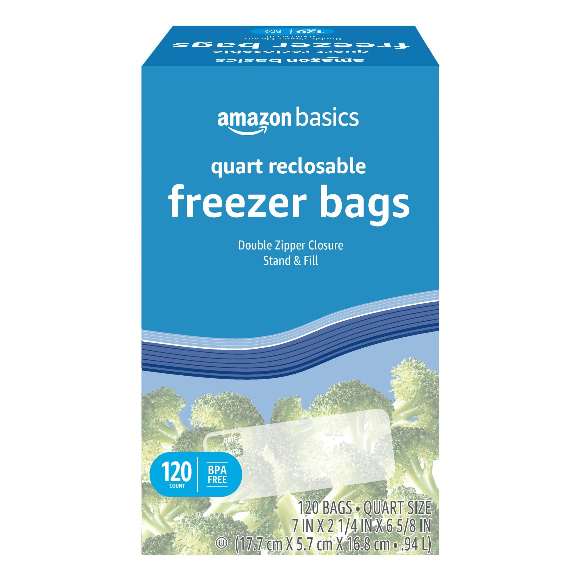 Amazon Basics freezer bags with stand-and-fill base for easy packing