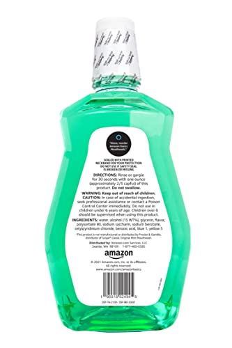 Amazon Basics Fresh Breath Mouthwash cap closeup with secure seal for travel