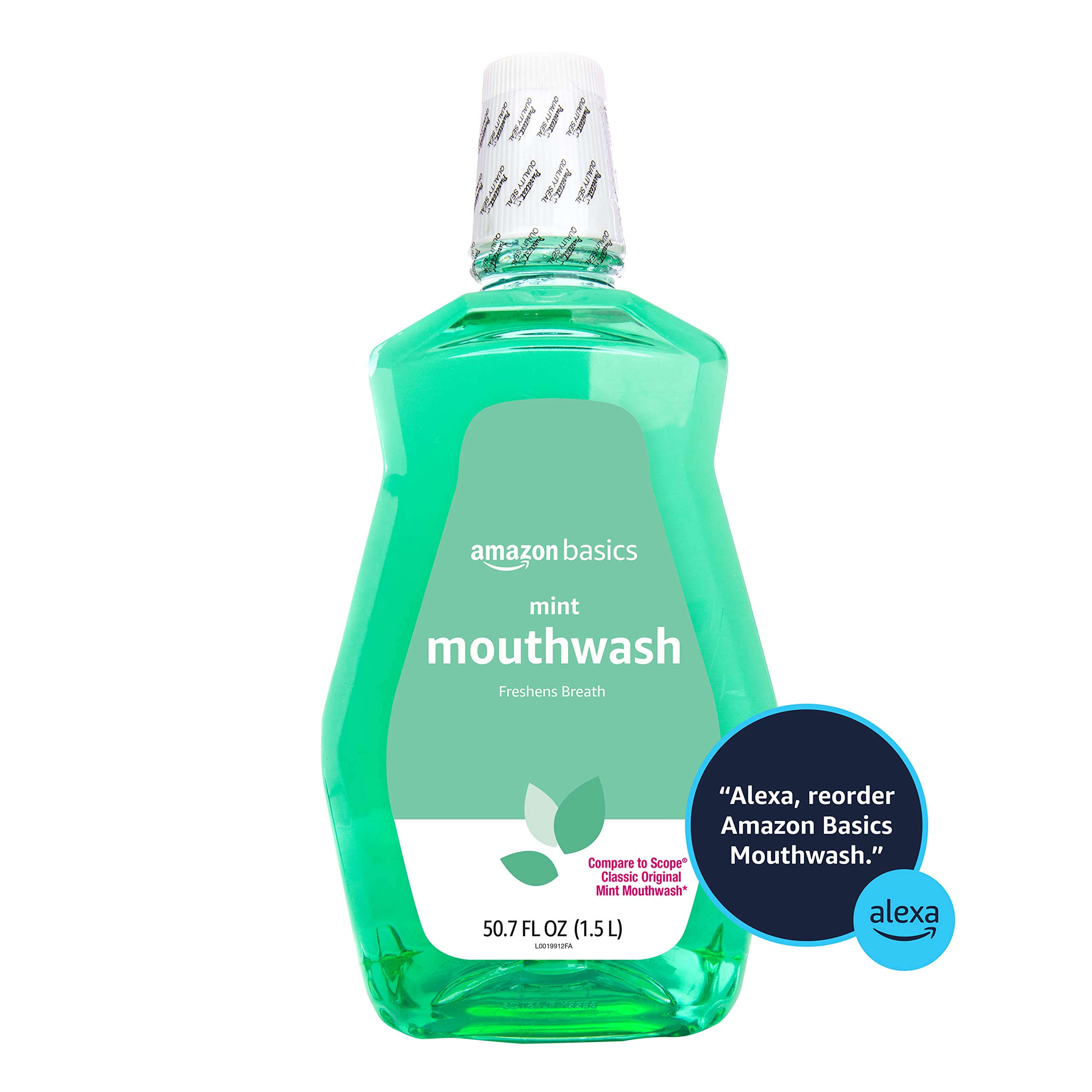 Amazon Basics Fresh Breath Mouthwash label details highlighting mint flavor and freshness
