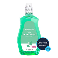 Amazon Basics Fresh Breath Mouthwash label details highlighting mint flavor and freshness