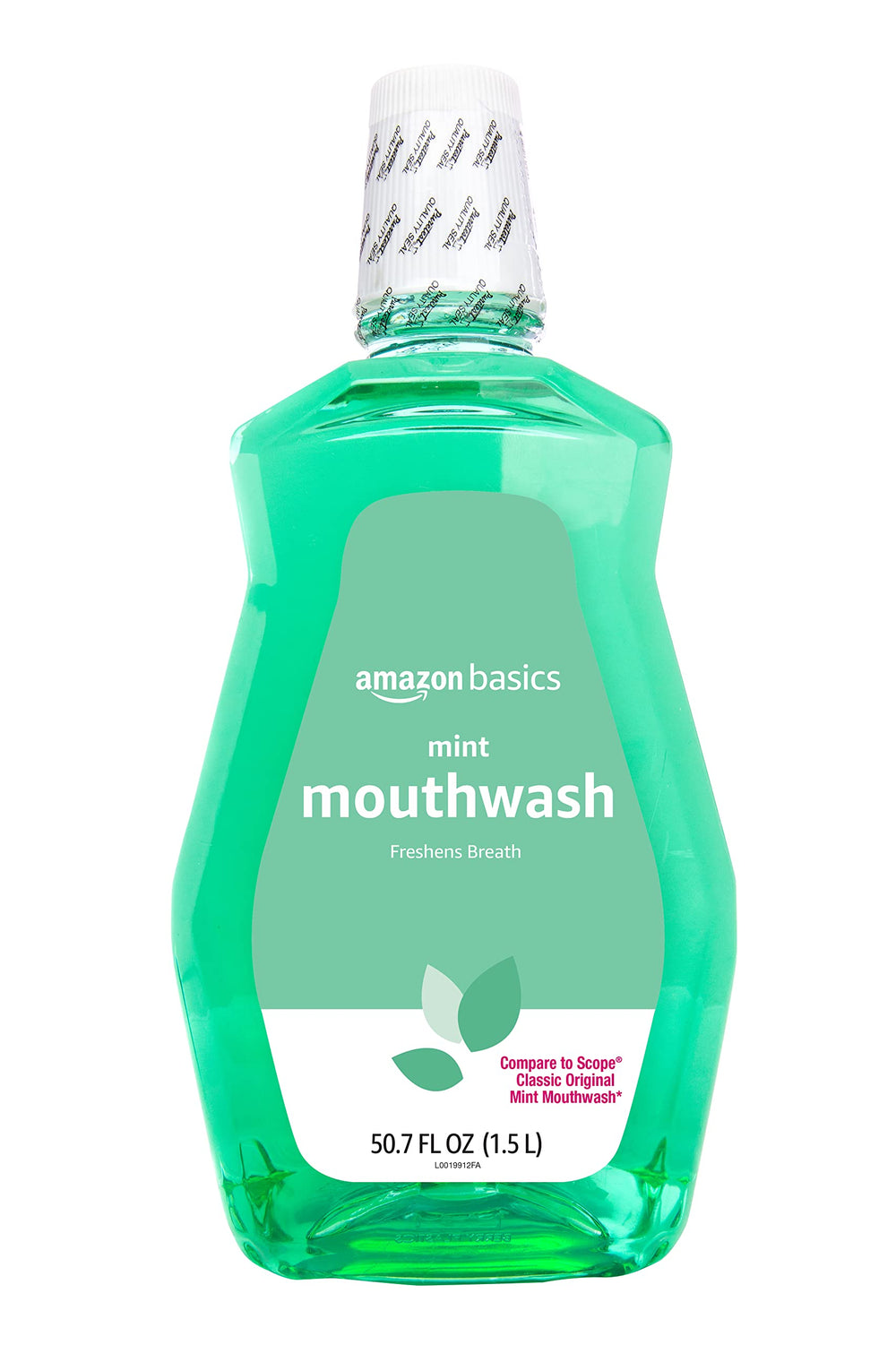 Amazon Basics Fresh Breath Mouthwash mint bottle for daily use with refreshing flavor