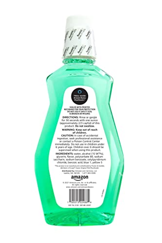 Amazon Basics Fresh Breath Mouthwash mint splash image highlights cooling aroma.