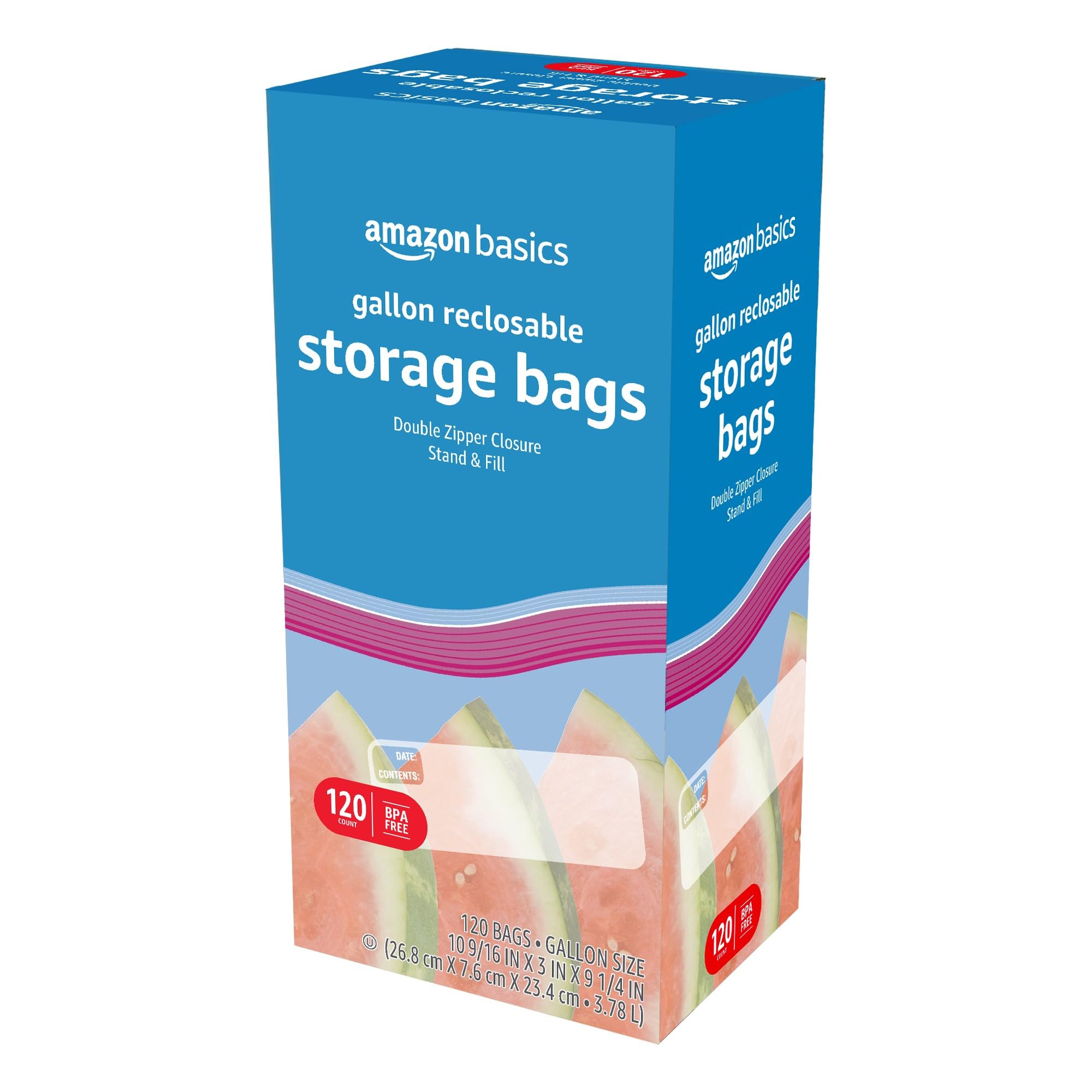 Amazon Basics gallon bags measure 10-9-16in by 3in by 9-1-4in for precise portioning