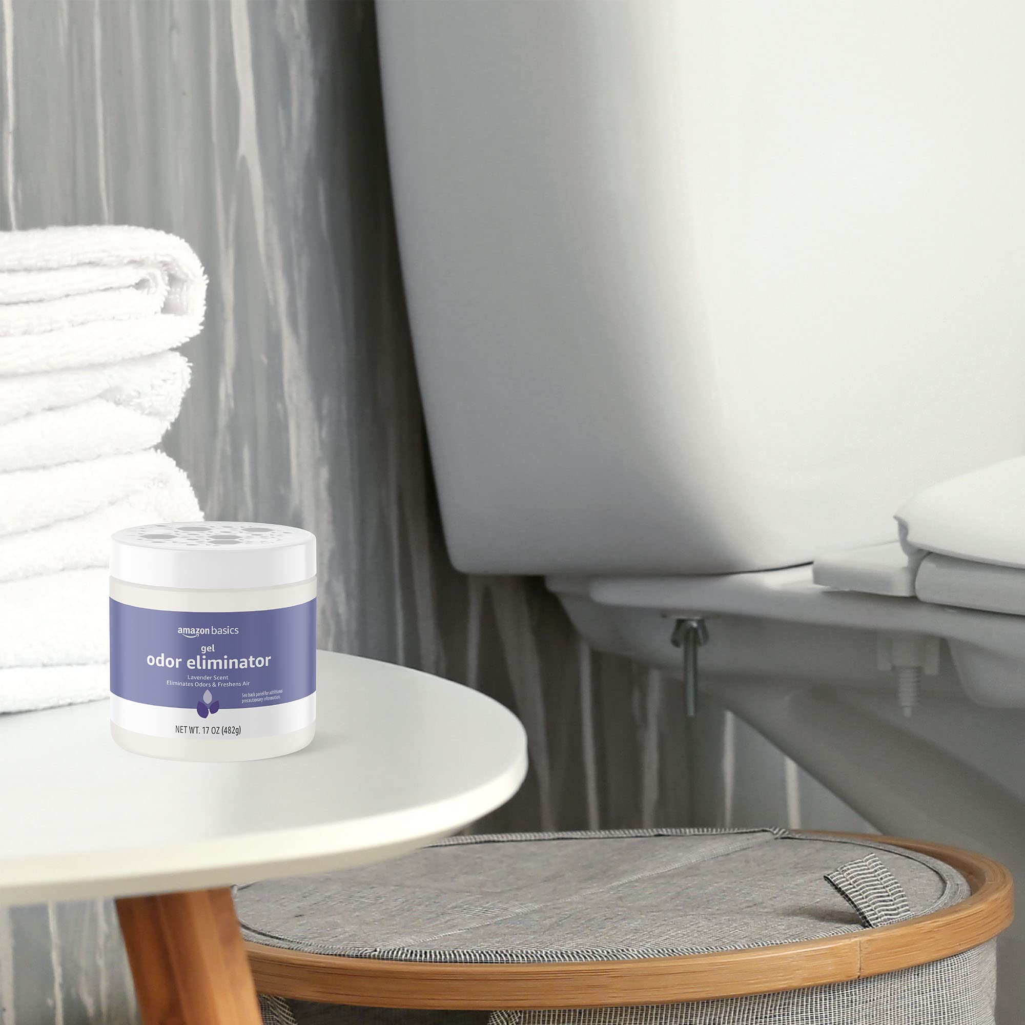 Amazon Basics Gel Odor Eliminator shown with Alexa reorder for easy restocking.