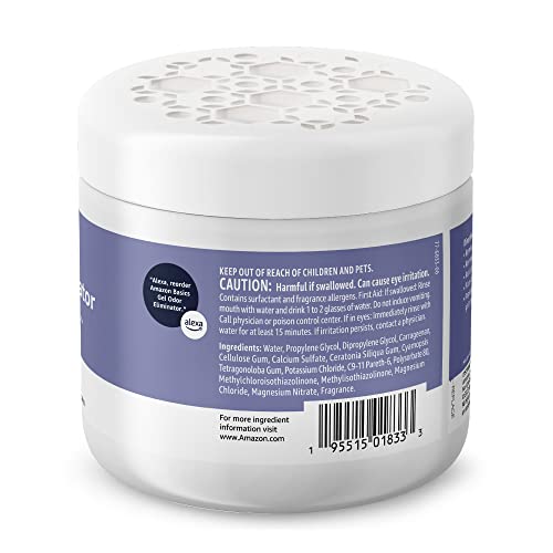 Amazon Basics Lavender Gel Odor Eliminator in bathroom setting delivers continuous fragrance.