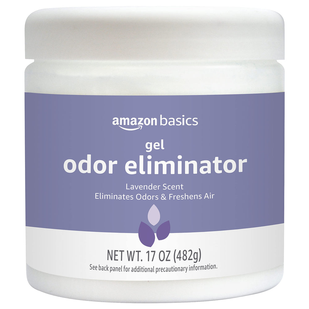 Amazon Basics Gel Odor Eliminator bottle shows lavender scent, helping freshen spaces with lasting odor control.