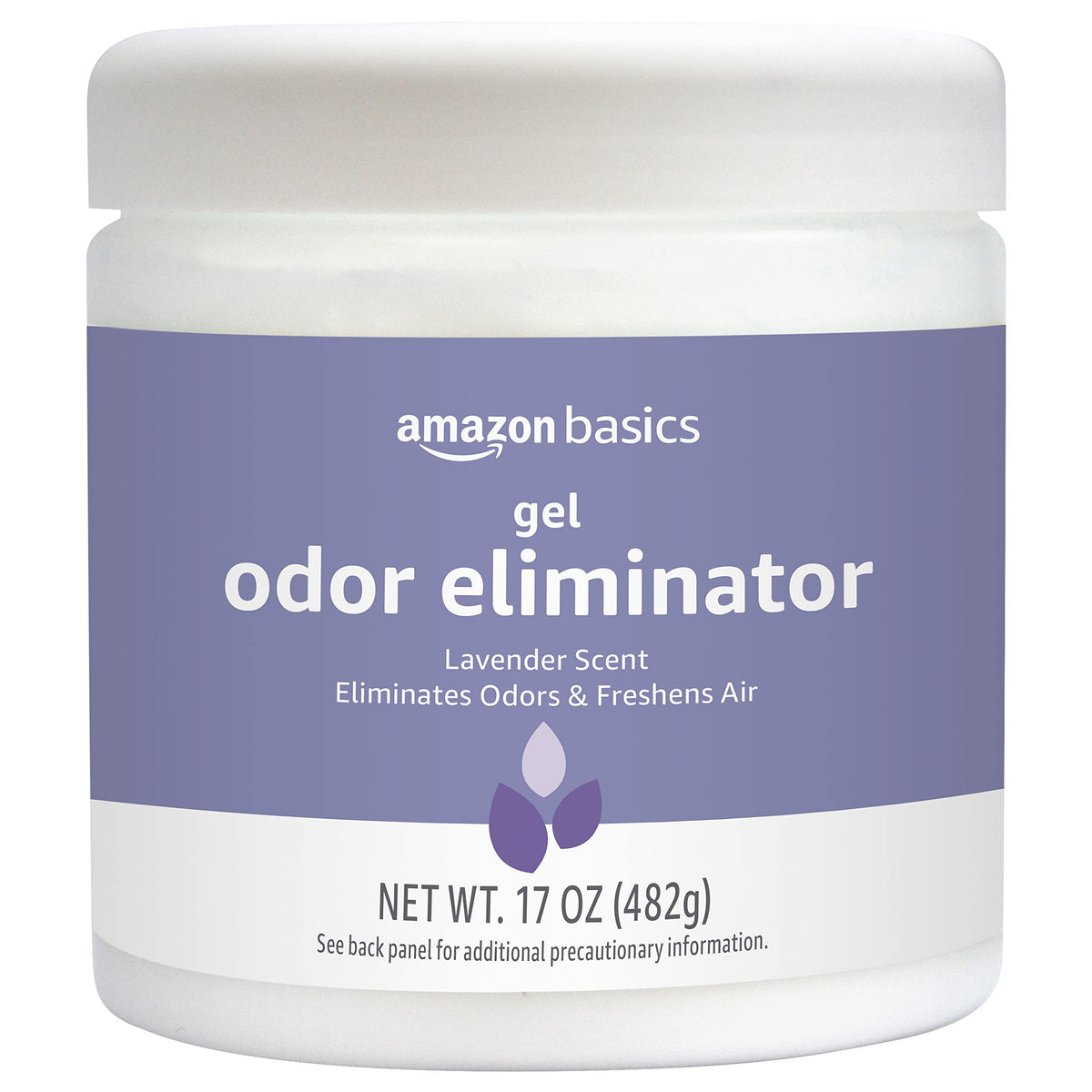 Amazon Basics Gel Odor Eliminator bottle shows lavender scent, helping freshen spaces with lasting odor control.