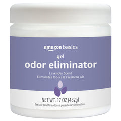 Amazon Basics Gel Odor Eliminator bottle shows lavender scent, helping freshen spaces with lasting odor control.