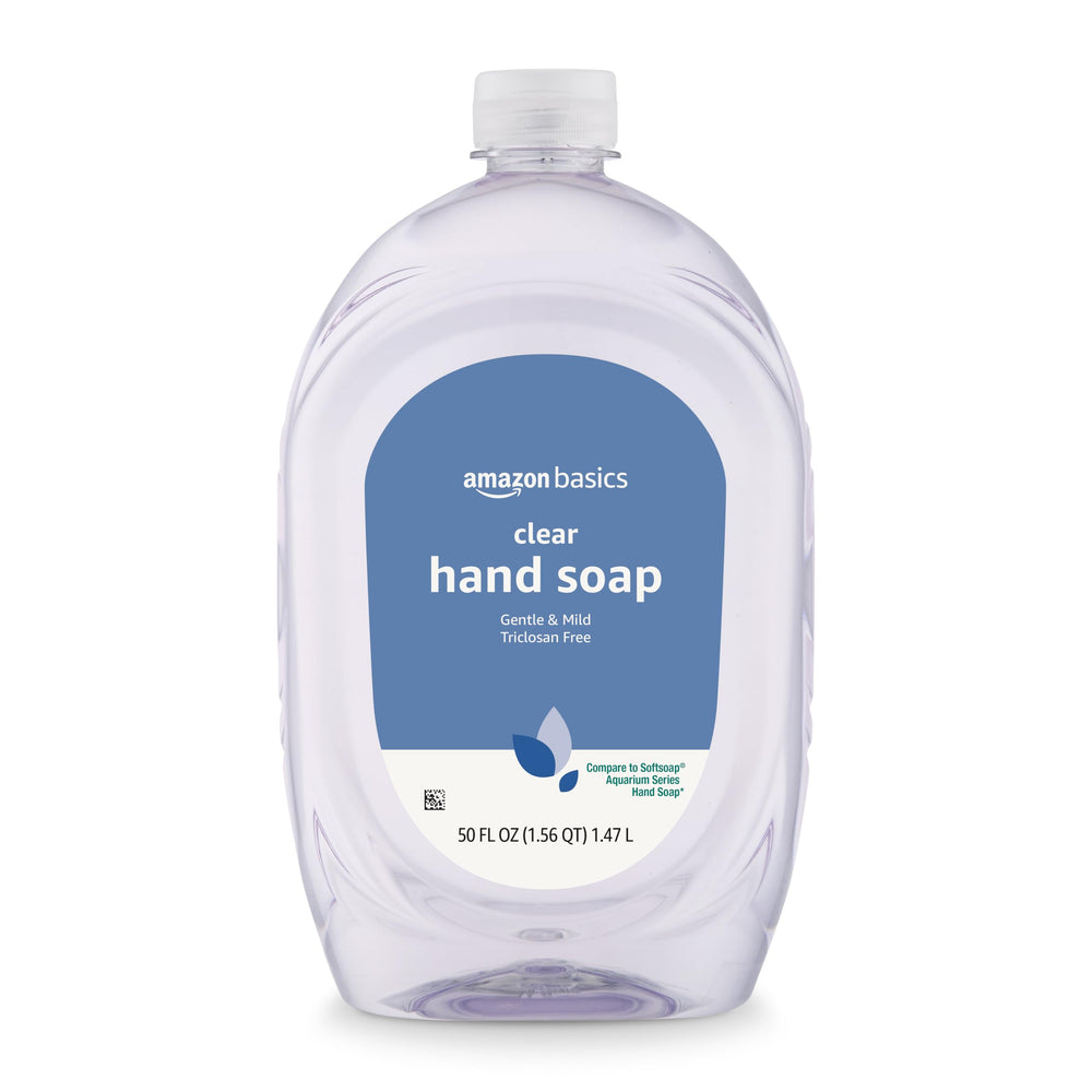 Amazon Basics hand soap refill bottle back view reveals ingredient highlights and packaging
