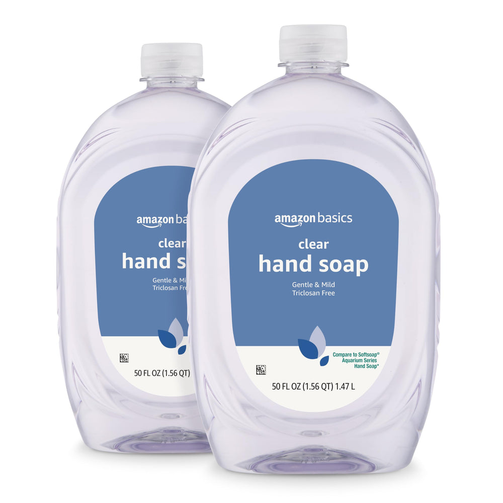 Amazon Basics Gentle & Mild Clear Hand Soap Refill bottle front view showing a gentle cleansing formula