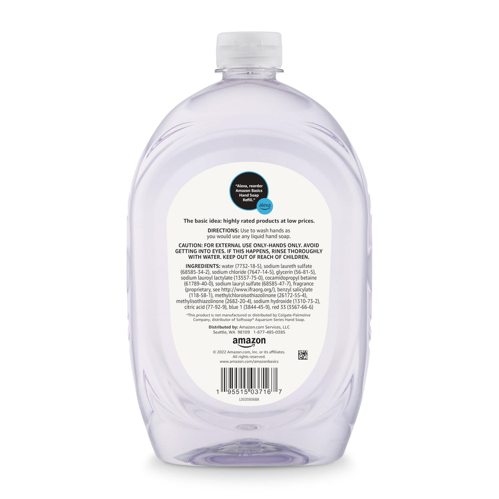 Amazon Basics hand soap refill packaging highlights value, two 50oz bottles