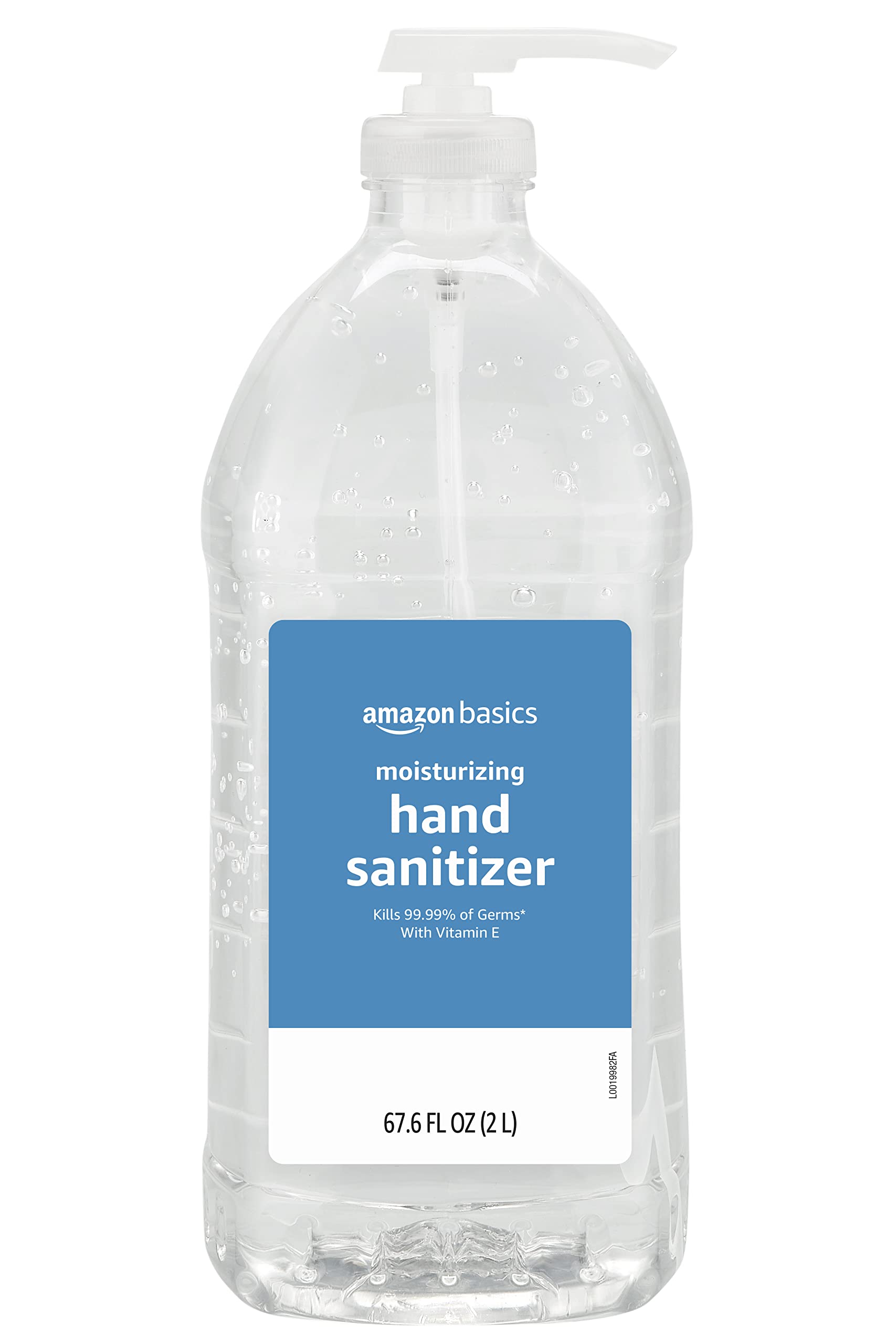 Amazon Basics Hand Sanitizer Original Scent bottle showing 62% ethyl alcohol and moisturizing formula.