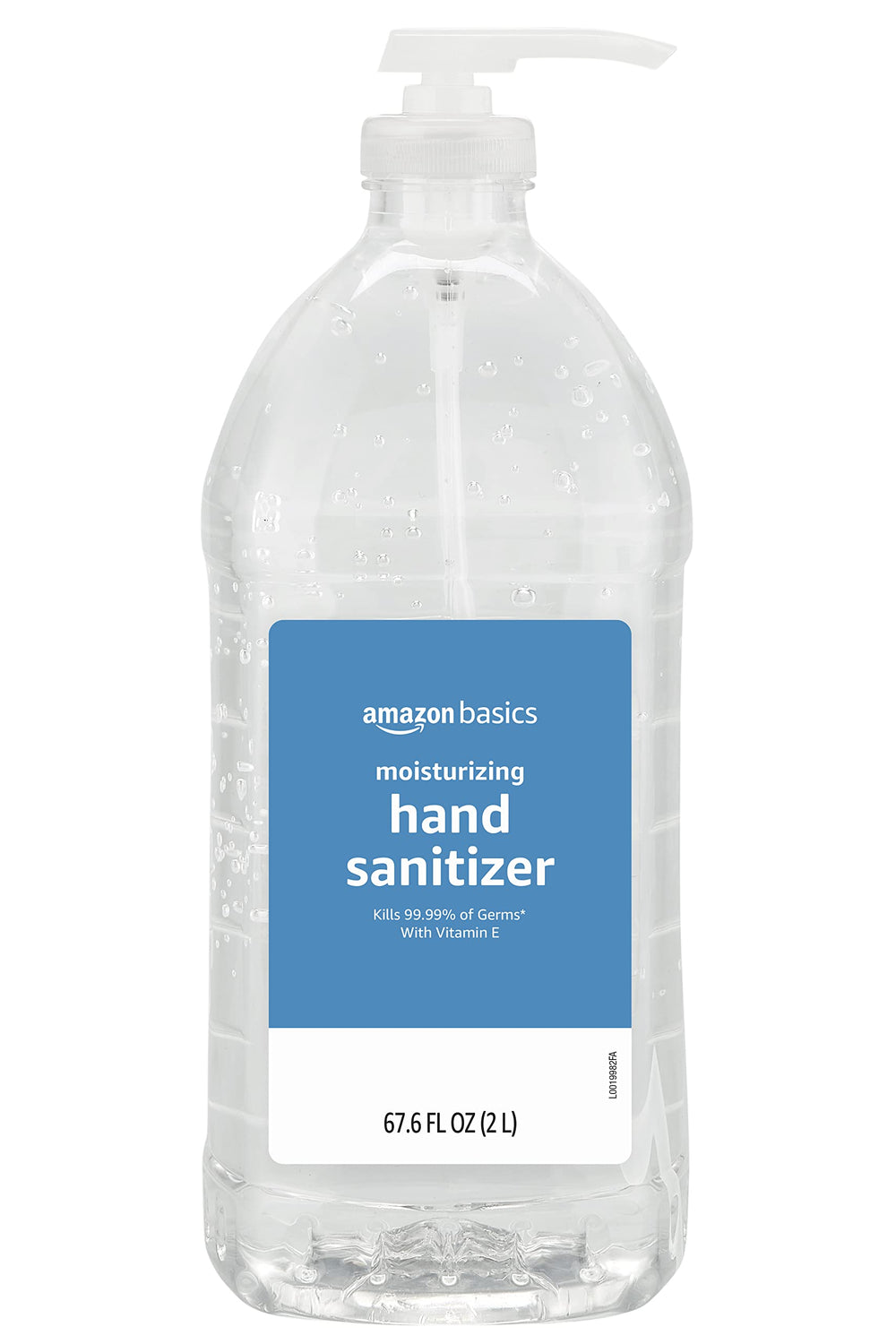 Amazon Basics Hand Sanitizer Original Scent bottle showing 62% ethyl alcohol and moisturizing formula.
