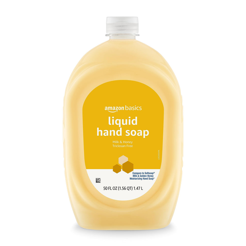 Amazon Basics hand soap refill bottles shown on counter for quick refills.