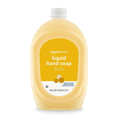 Amazon Basics hand soap refill bottles shown on counter for quick refills.
