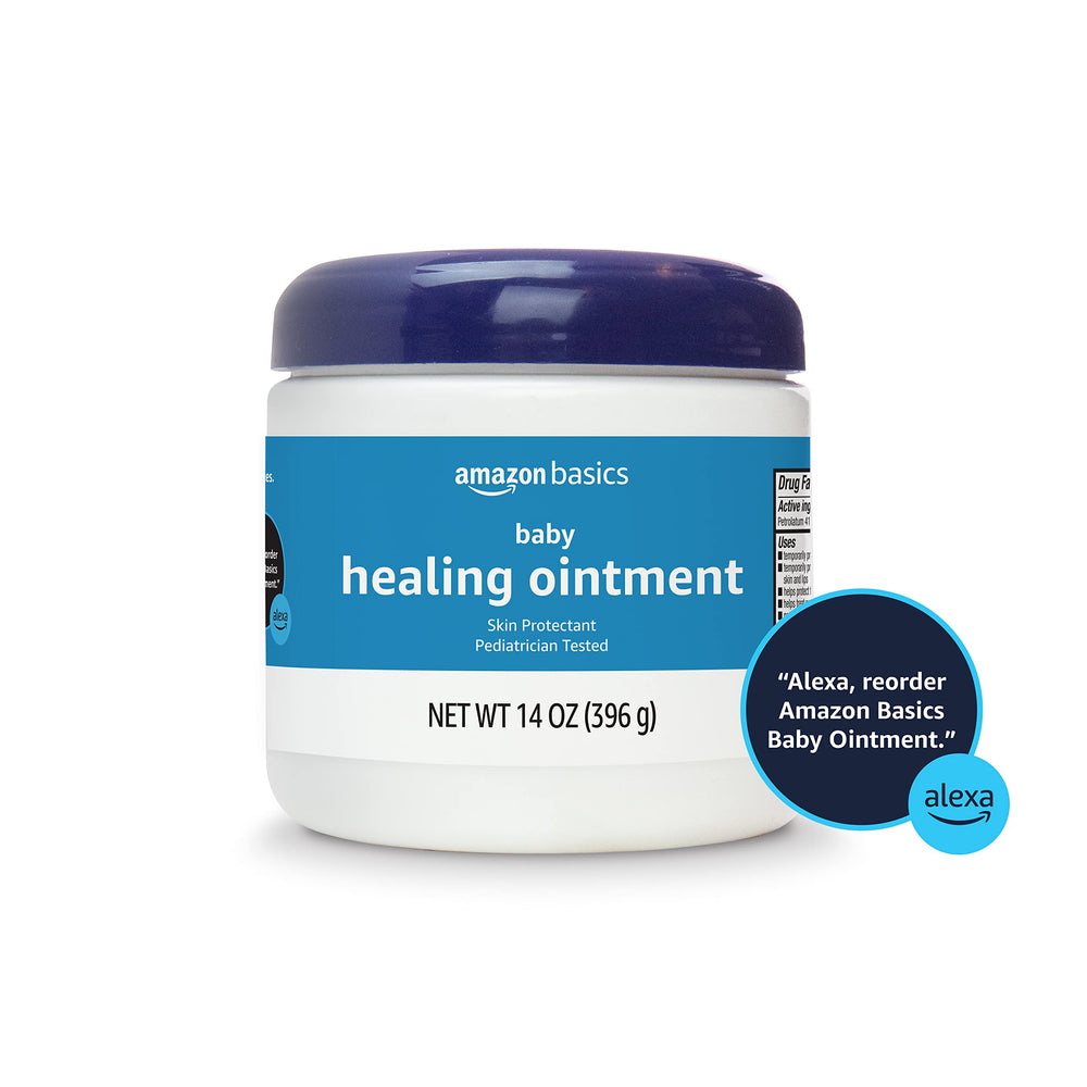 Amazon Basics Healing Ointment 14-ounce jar close-up for everyday baby skin care.