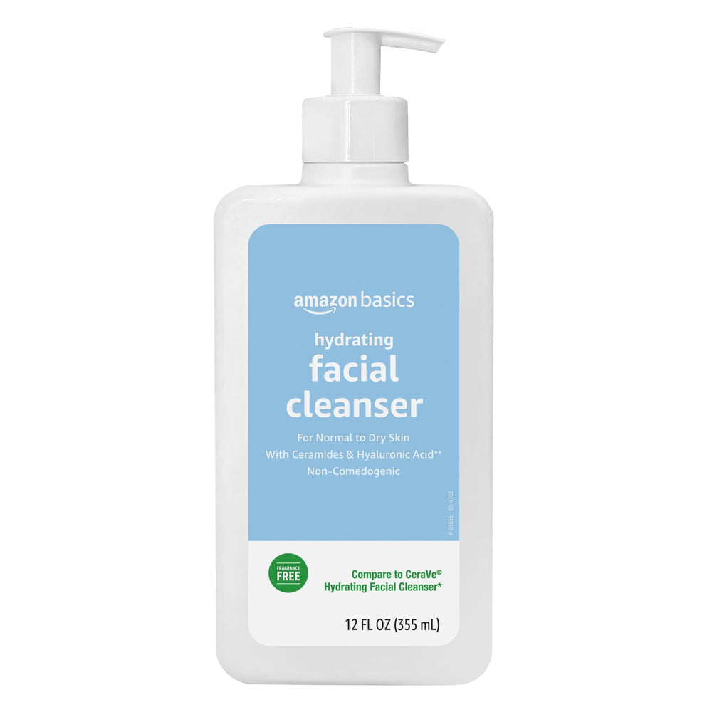 Amazon Basics Hydrating Cleanser bottle on display, moisturizes without fragrance.