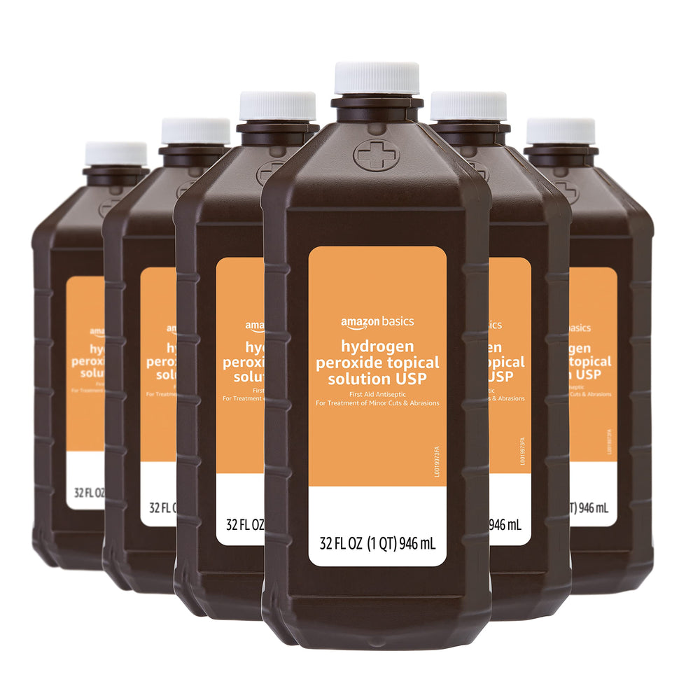 Amazon Basics Hydrogen Peroxide bottle front view showing 32 oz size for home first aid