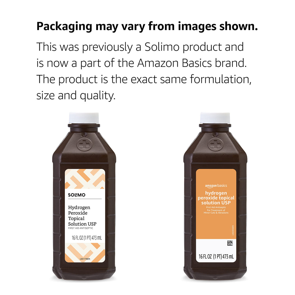 Amazon Basics peroxide bottle label close-up showing 3% stabilized solution.